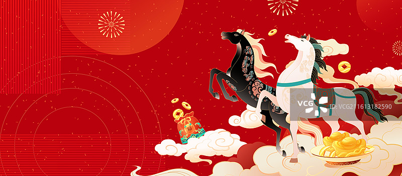国风2026马年新年春节白马黑马奔腾矢量插画海报图片素材