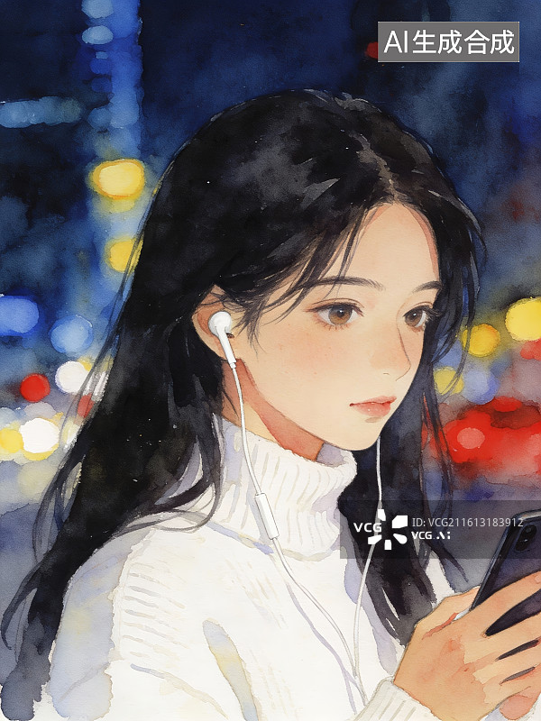 【AI数字艺术】夜晚街头听歌的少女图片素材