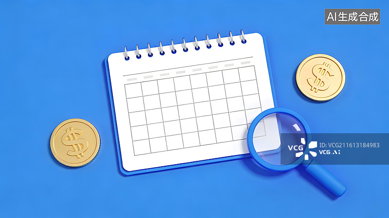【AI数字艺术】蓝色背景上的日历与金币图片素材