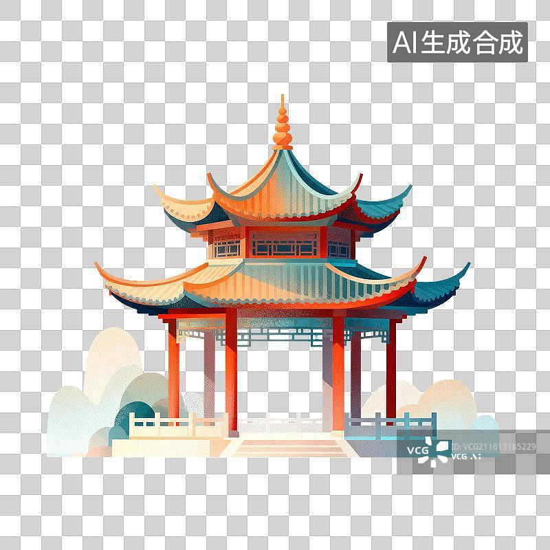 【AI数字艺术】古代凉亭建筑插画图片素材