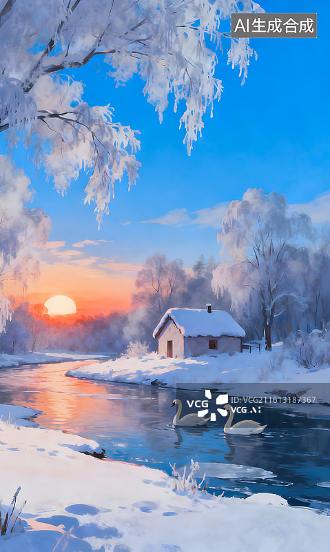 【AI数字艺术】冬日雪景天鹅湖雪后暖阳乡村风光图片素材