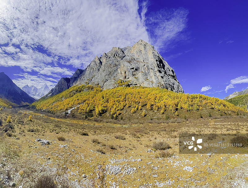 稻城亚丁：十六尊者，十六座山，彩林，蓝天，白云图片素材