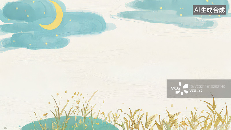 【AI数字艺术】夜空下的草地与弯月图片素材