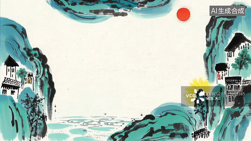 【AI数字艺术】山水画风格的自然景观图片素材