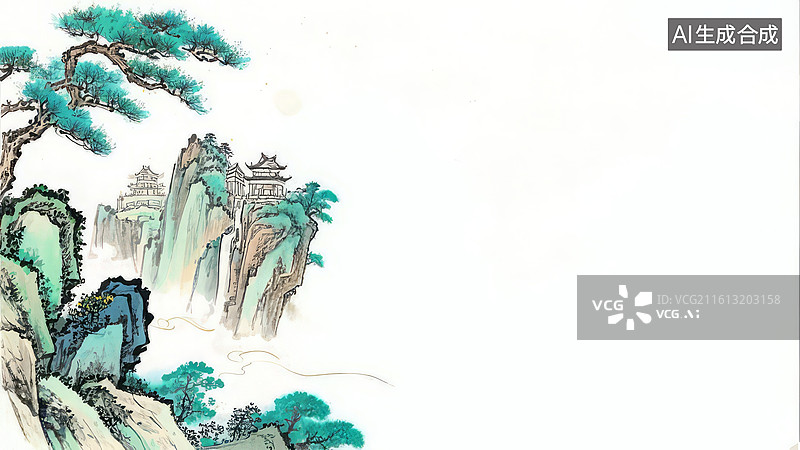 【AI数字艺术】山水画中的古建筑与松树图片素材