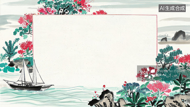 【AI数字艺术】山水画风帆船风景图图片素材