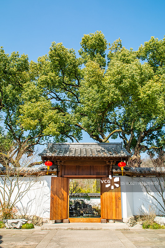 净寺 杭州 古刹 净慈寺 寺庙 中式庭院 江南园林门 门头 古门 大树 传统文化 古典院门 古典台门图片素材