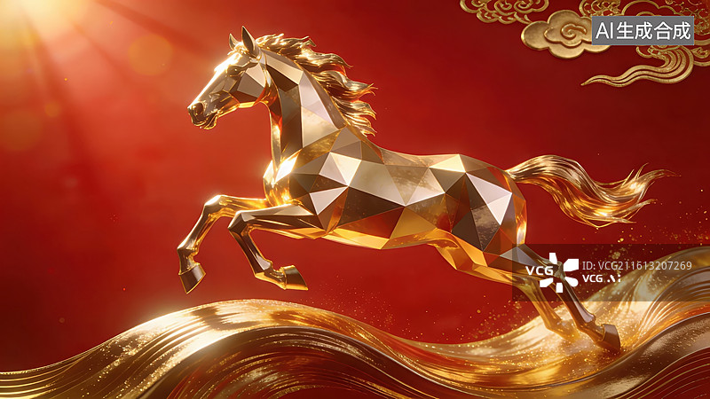 【AI数字艺术】金色几何马跃动画面图片素材
