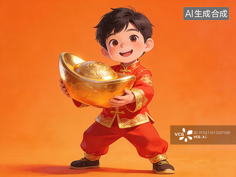 【AI数字艺术】男孩手持金元宝图片素材