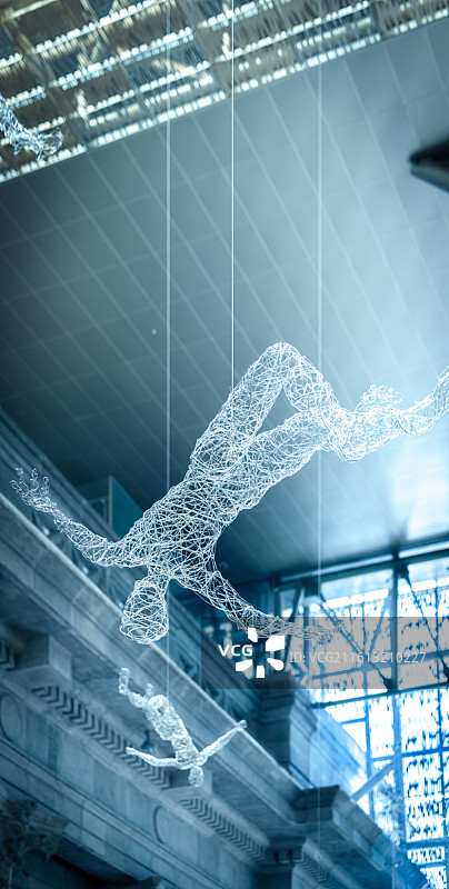 白色网状雕塑，悬浮在蓝色空间中，线条流畅优雅，展现现代艺术对生命的抽象诠释。图片素材