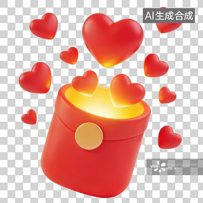 【AI数字艺术】3D红色爱心从红包中飘散图片素材