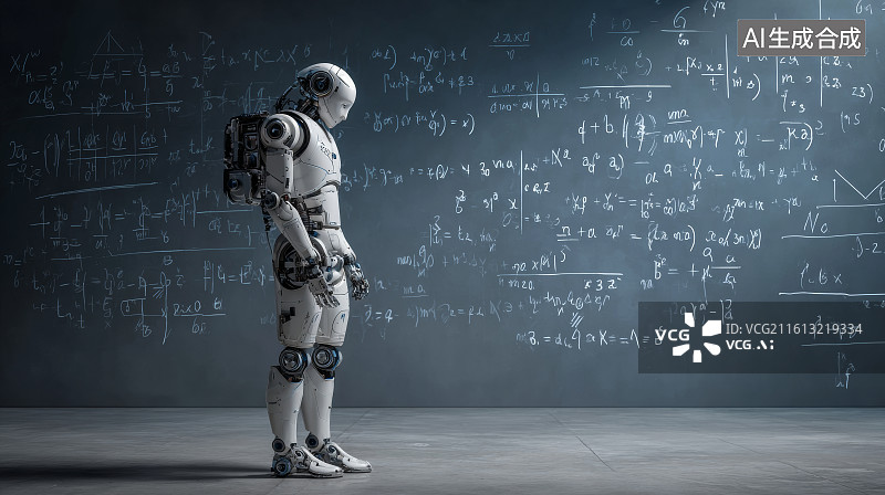 【AI数字艺术】站在满是复杂数学公式黑板前侧身思考的白色人形机器人图片素材