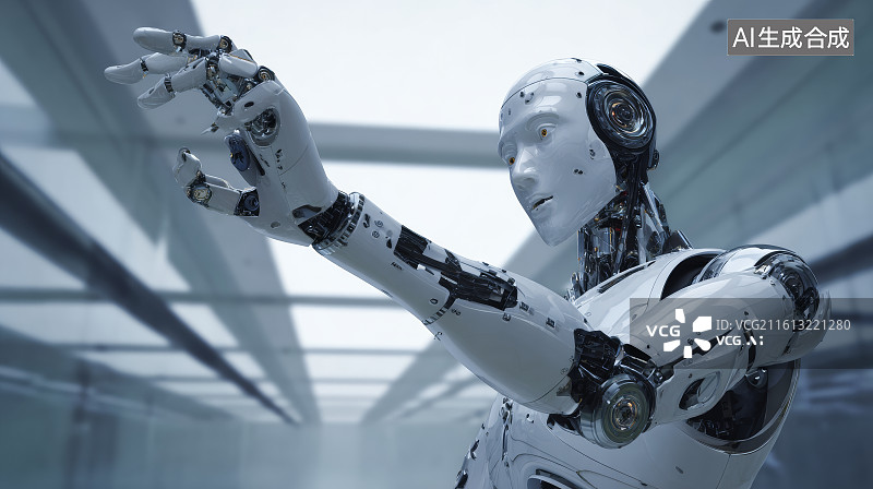 【AI数字艺术】黑色背景下抬起手臂指向右上方的人形机器人特写图片素材