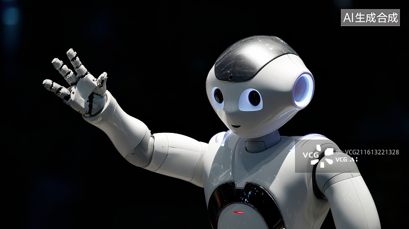 【AI数字艺术】黑色背景下抬起手臂指向右上方的人形机器人特写图片素材