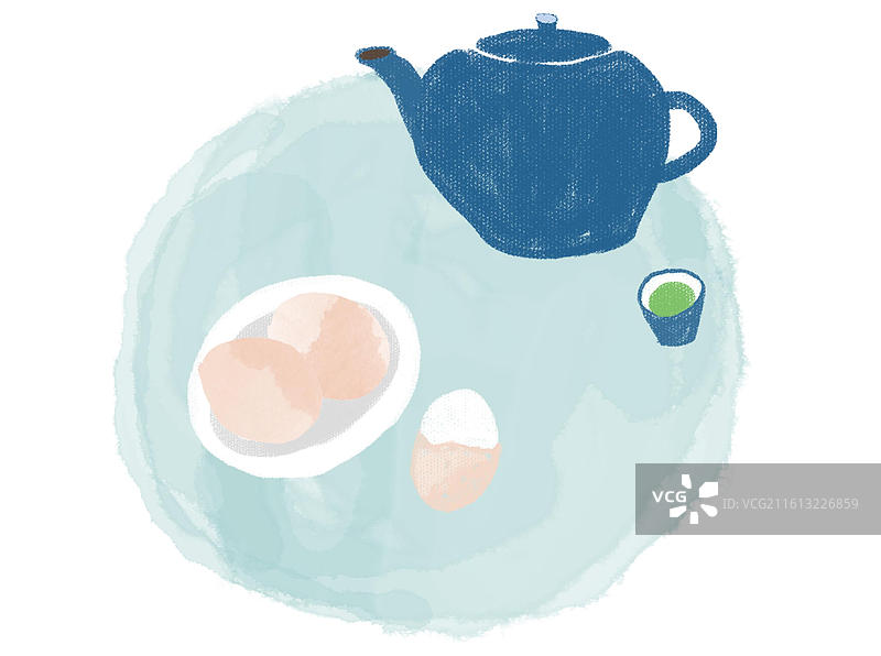 插画水彩颗粒肌理风鸡蛋煮鸡蛋水壶茶饮泡茶图片素材