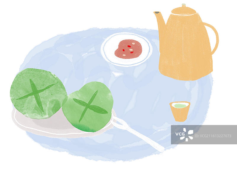 插画水彩颗粒肌理风青团茶壶糕点主食图片素材