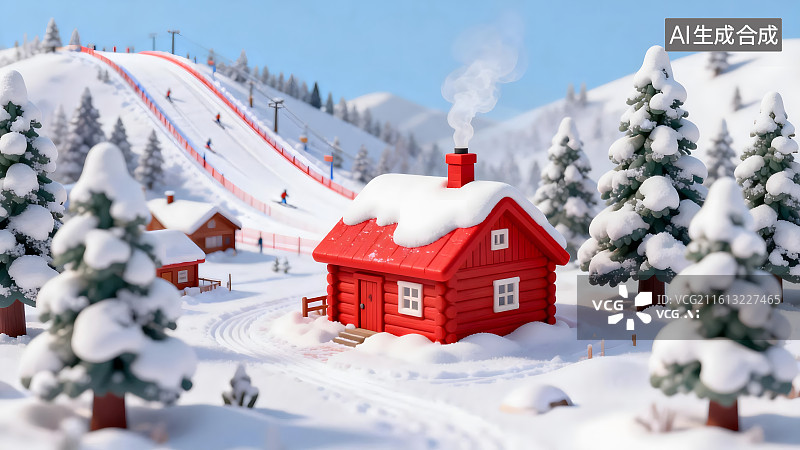 【AI数字艺术】北欧雪镇木屋松林冬日场景图片素材