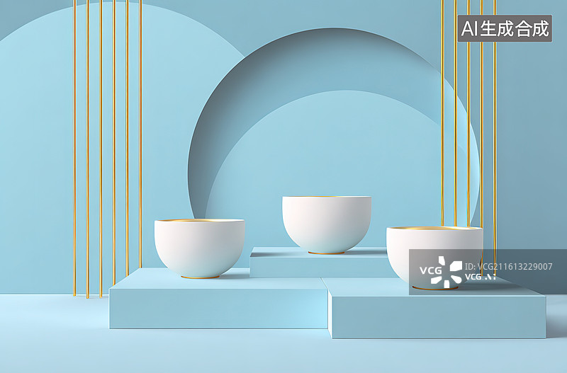 【AI数字艺术】蓝色背景下的白色碗状器皿展示图片素材