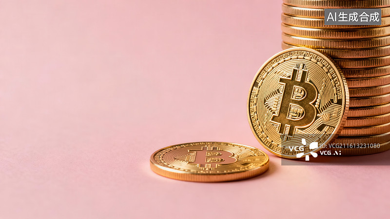 【AI数字艺术】金色比特币硬币堆叠展示图片素材