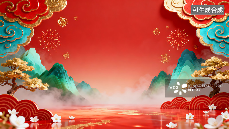 【AI数字艺术】新年中式空境素材：红底衬青山金松 + 烟花祥云，喜庆传统质感适配春节创意设计图片素材