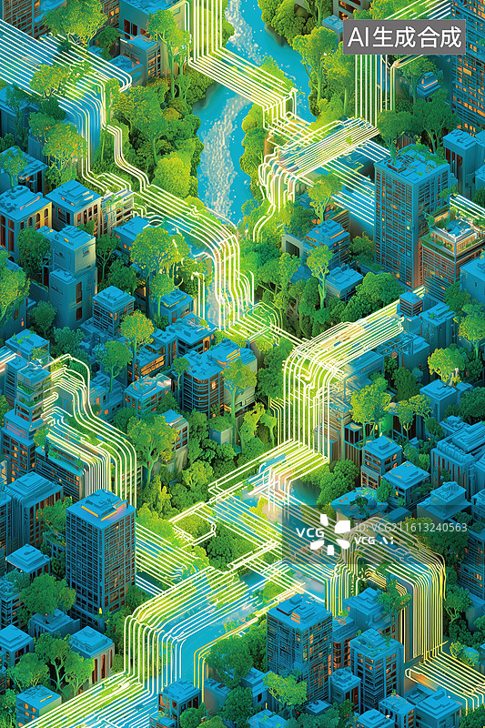 【AI数字艺术】无人机航拍绿色生态智能信息繁华城市建筑3D立体插画图片素材