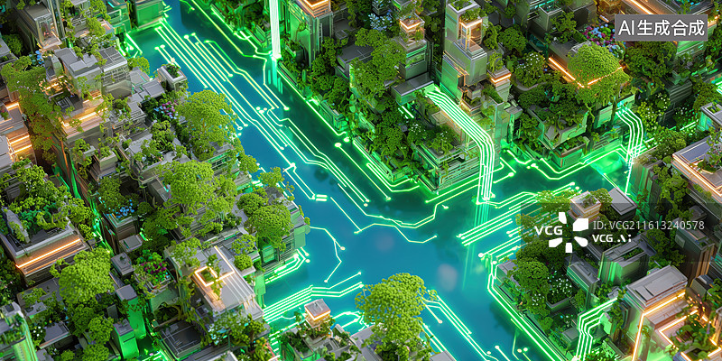 【AI数字艺术】无人机航拍绿色生态智能信息繁华城市建筑3D立体插画图片素材
