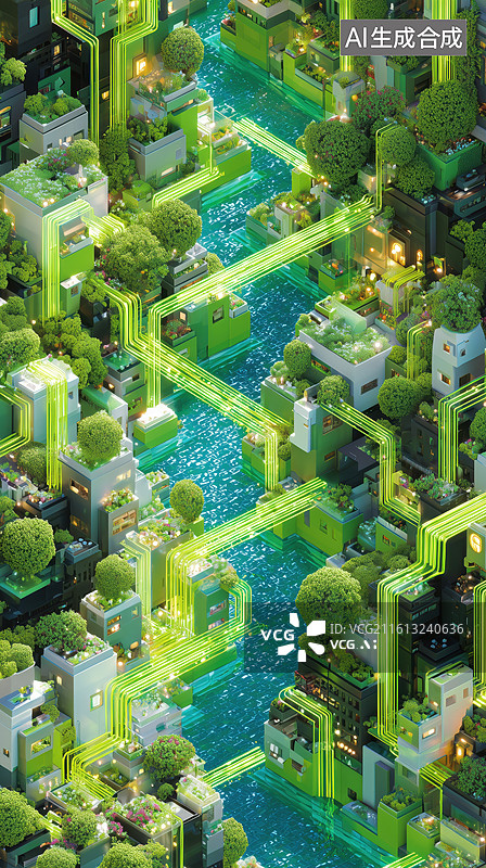 【AI数字艺术】无人机航拍绿色生态智能信息繁华城市建筑3D立体插画图片素材