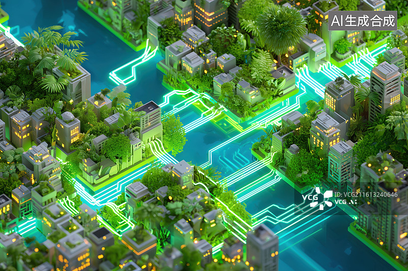 【AI数字艺术】无人机航拍绿色生态智能信息繁华城市建筑3D立体插画图片素材