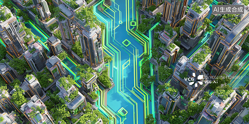 【AI数字艺术】无人机航拍绿色生态智能信息繁华城市建筑3D立体插画图片素材