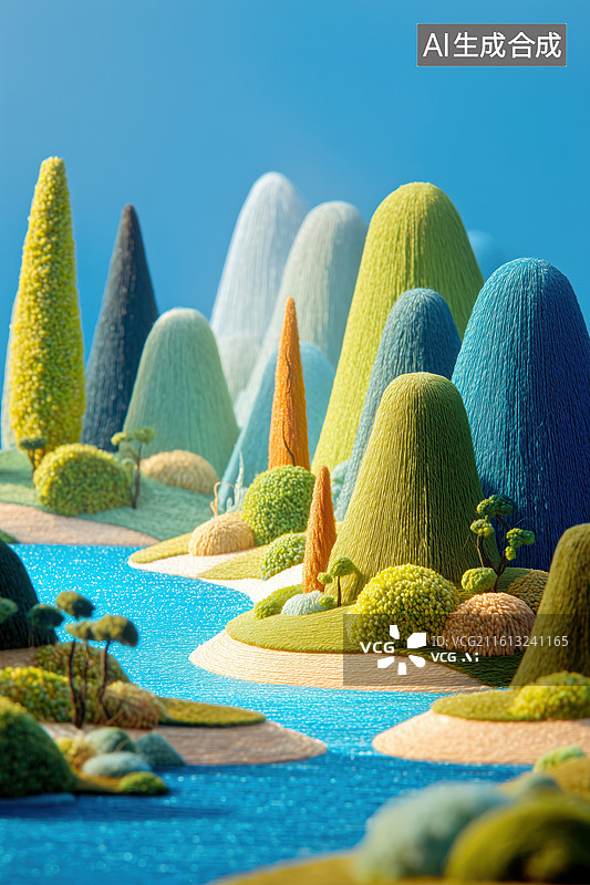 【AI数字艺术】清新可爱的绿色羊毛毡桂林山水粘土橡皮泥风景3D卡通立体场景图片素材