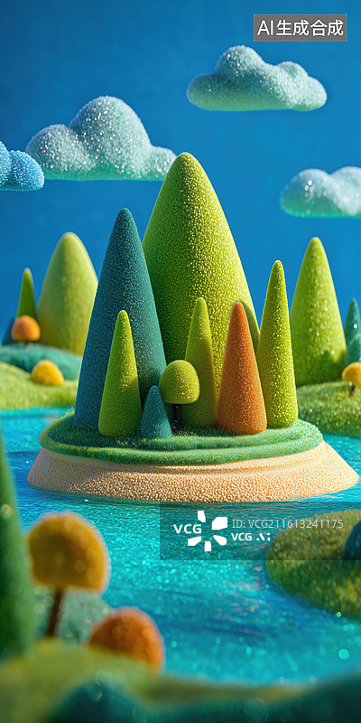 【AI数字艺术】清新可爱的绿色羊毛毡桂林山水粘土橡皮泥风景3D卡通立体场景图片素材