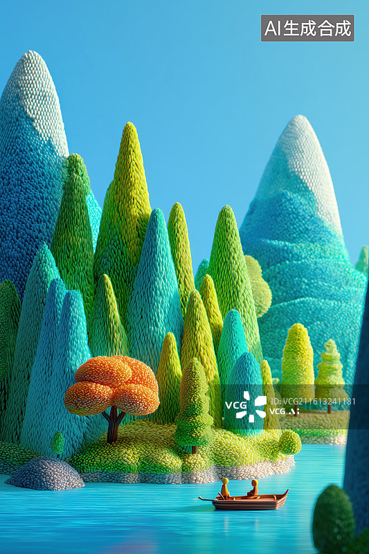 【AI数字艺术】清新可爱的绿色羊毛毡桂林山水粘土橡皮泥风景3D卡通立体场景图片素材