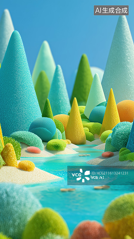 【AI数字艺术】清新可爱的绿色羊毛毡桂林山水粘土橡皮泥风景3D卡通立体场景图片素材