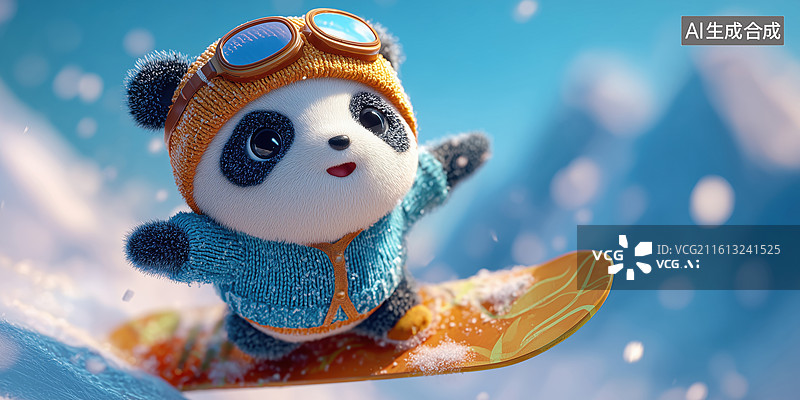 【AI数字艺术】晴朗冬季大雪天滑雪的勇敢可爱国宝大熊猫3D卡通立体场景图片素材