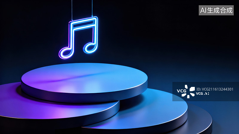 【AI数字艺术】霓虹音符悬于圆形平台图片素材