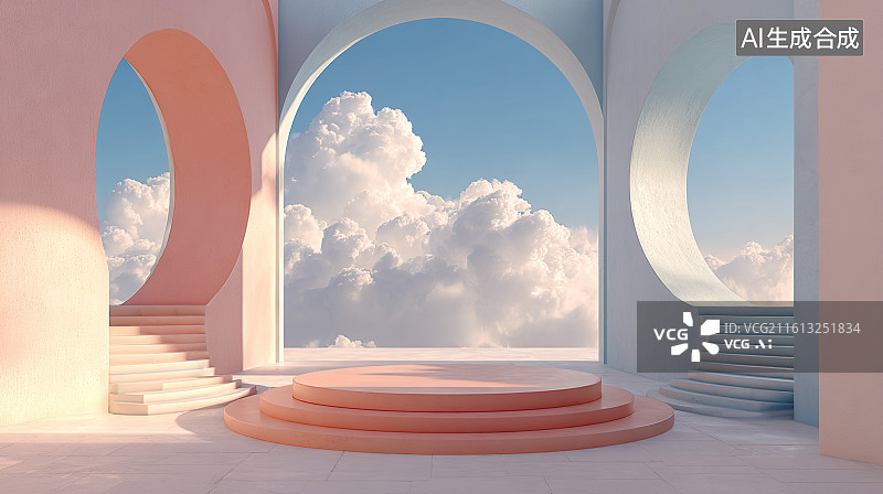 【AI数字艺术】橙色拱形云朵窗景展示空间场景图片素材
