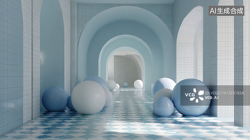 【AI数字艺术】浅蓝拱形走廊蓝白球装置艺术场景图片素材