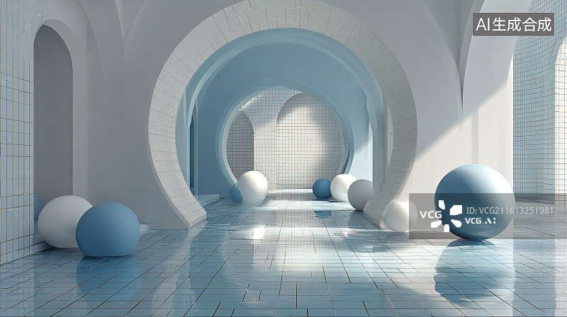 【AI数字艺术】浅蓝拱形走廊蓝白球装置艺术场景图片素材