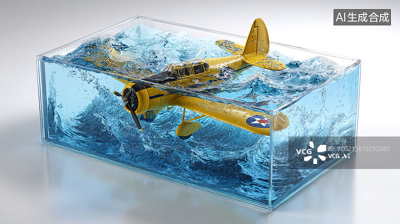 【AI数字艺术】透明水箱中的双翼水上飞机创意模型图片素材