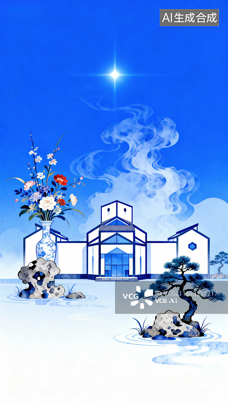 【AI数字艺术】青花瓷风格庭院夜景图片素材