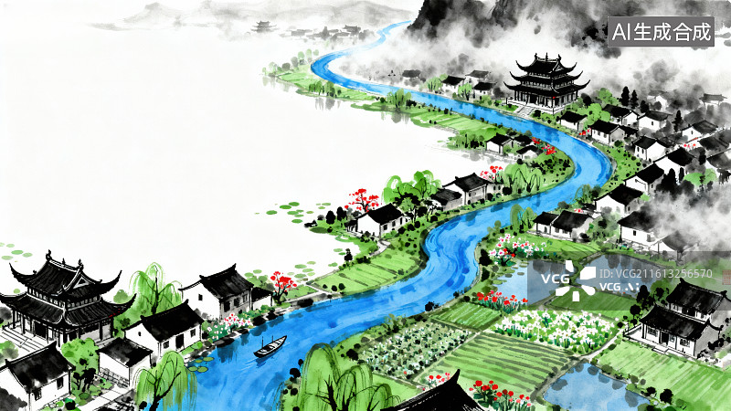 【AI数字艺术】江南水乡田园风光图片素材