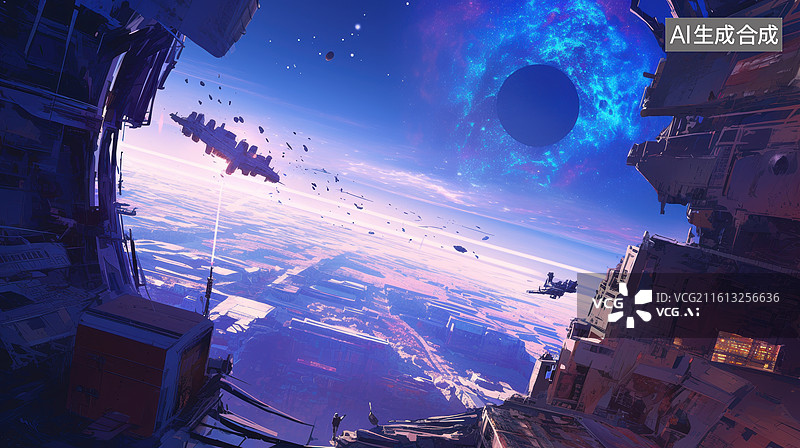 【AI数字艺术】太空站俯瞰星球与星云图片素材