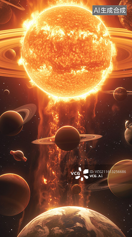 【AI数字艺术】太阳与行星环绕的宇宙景象图片素材
