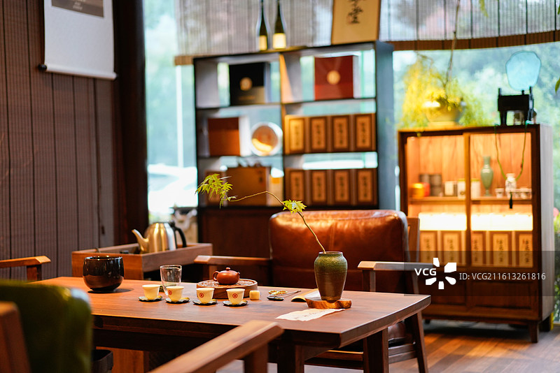 茶室中式茶桌茶具布置场景图片素材