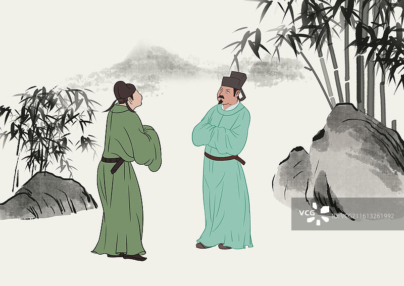 中国风新中式古风古典传统文化国学经典唐诗宋词中国画青绿山水田园风光古人生活水墨户外竹子文人墨客插画图片素材