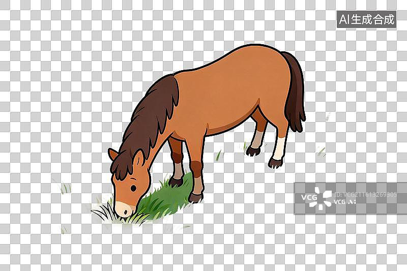 【AI数字艺术】卡通风格，正在低头吃草的野马PNG格式的免扣元素图片素材