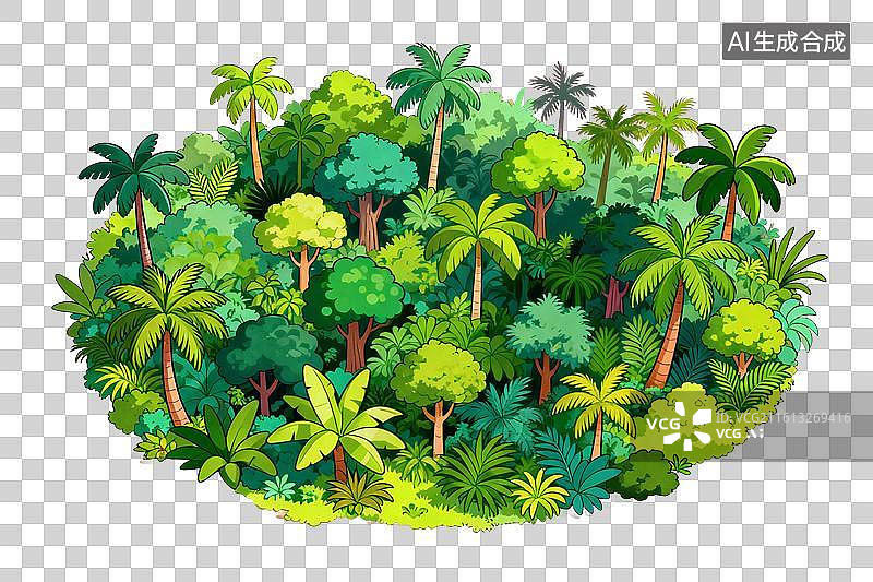 【AI数字艺术】卡通风格，植被茂盛的热带雨林PNG格式的免扣元素图片素材