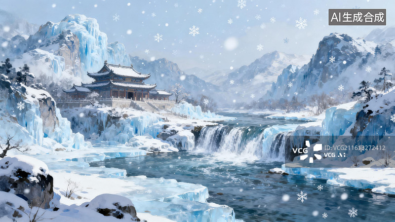 【AI数字艺术】雪景山水中的古建筑图片素材