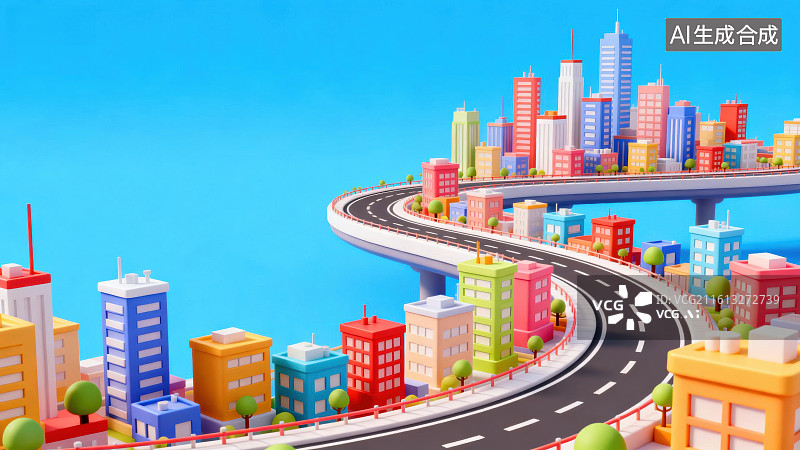 【AI数字艺术】彩色城市与弯曲公路图片素材