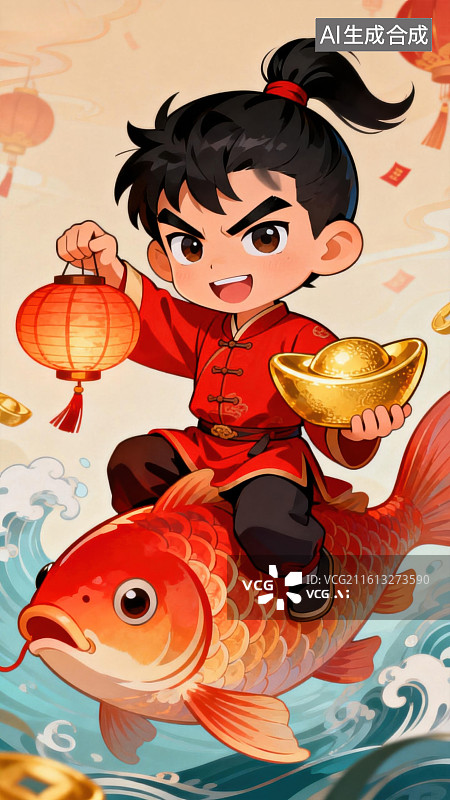 【AI数字艺术】男孩骑鲤鱼持灯笼和金元宝图片素材